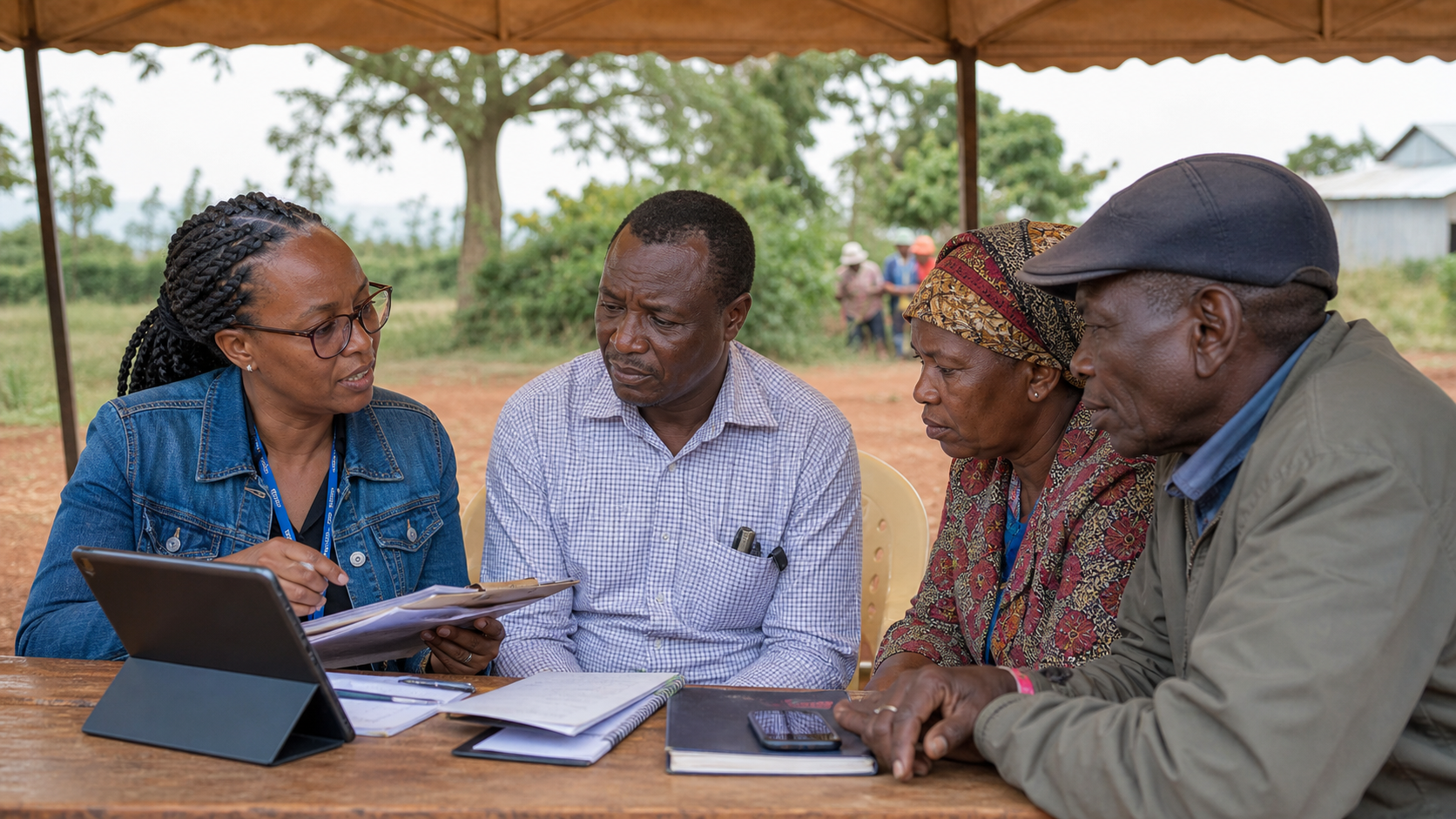 Monitoring and evaluation team reviewing field evidence